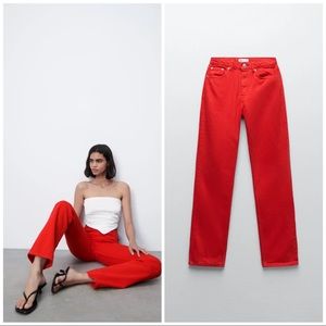 Zara Straight Leg Mid-rise Full Length red jeans